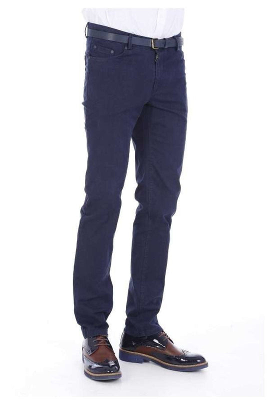 Navy Blue Slim Fit Plain Five-Pocket Cotton Trousers – Wessi
