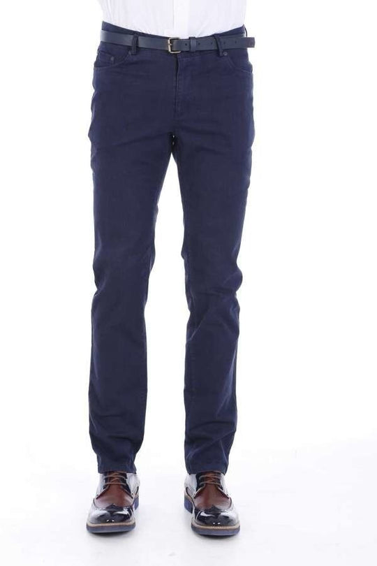 Navy Blue Slim Fit Plain Five-Pocket Cotton Trousers – Wessi