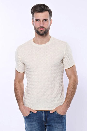 Cream Patterned Tricot Knitted T-Shirt | Wessi