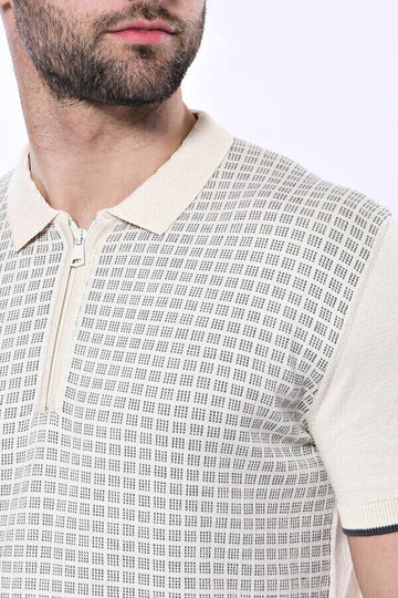 Slim Fit Cream Plaid Knitted Polo Zip-Neck T-Shirt — Wessi
