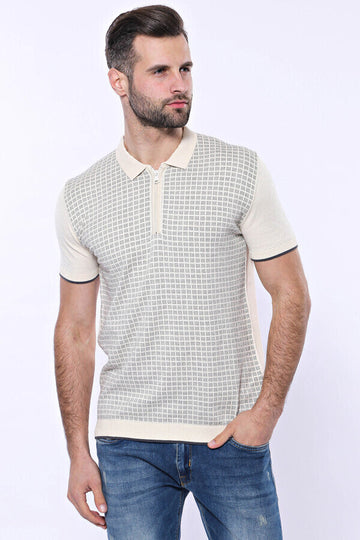 Slim Fit Cream Plaid Knitted Polo Zip-Neck T-Shirt — Wessi