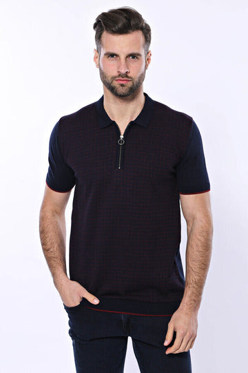 Slim Fit Dark Navy Plaid Knitted Polo Zip-Neck T-Shirt — Wessi