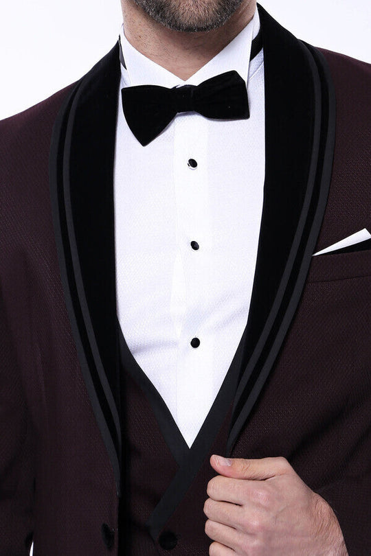 Men's Deep Burgundy 2-in-1 Tuxedo with Detachable Velvet Shawl Lapel - Slim Fit