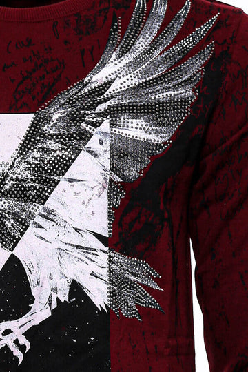 Burgundy Slim Fit Crew Neck Eagle Patterned Sweatshirt | Wessi