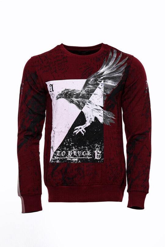 Burgundy Slim Fit Crew Neck Eagle Patterned Sweatshirt | Wessi