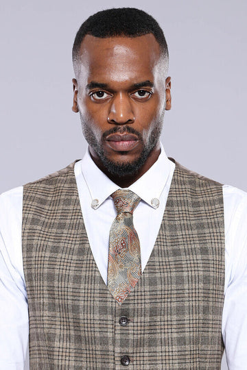 Beige Slim Fit Checked V-Neck Waistcoat – Wessi