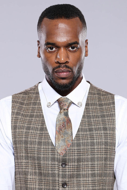 Beige Slim Fit Checked V-Neck Waistcoat – Wessi
