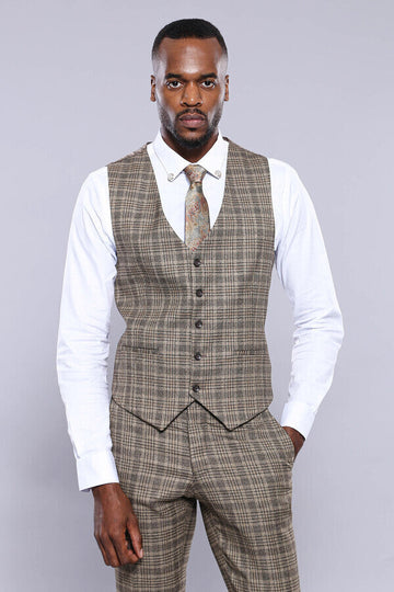 Beige Slim Fit Checked V-Neck Waistcoat – Wessi