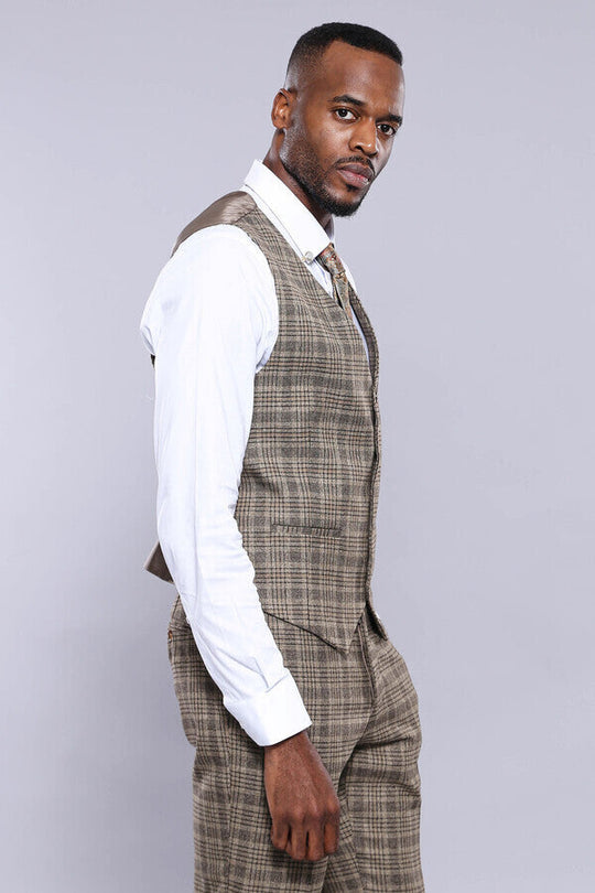Beige Slim Fit Checked V-Neck Waistcoat – Wessi