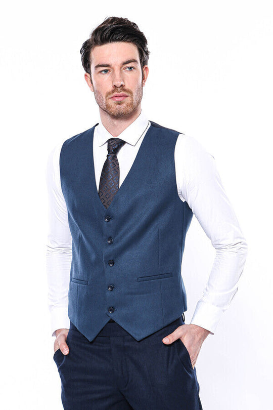 Navy Blue Slim Fit Plain V-Neck Waistcoat – Wessi