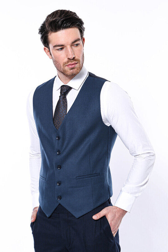 Navy Blue Slim Fit Plain V-Neck Waistcoat – Wessi