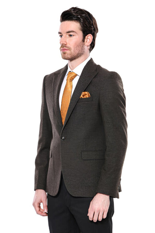 Men’s Khaki Textured Slim Fit Peak Lapel Blazer