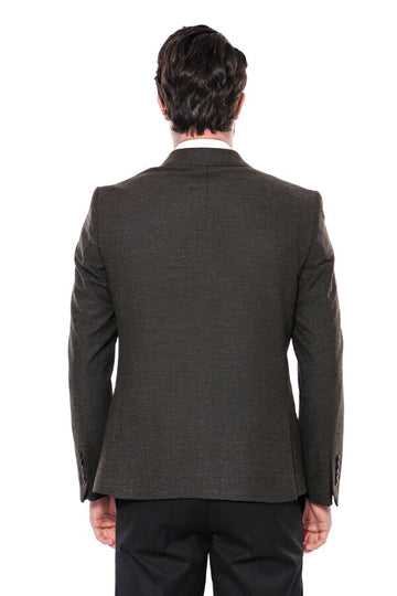Men’s Khaki Textured Slim Fit Peak Lapel Blazer