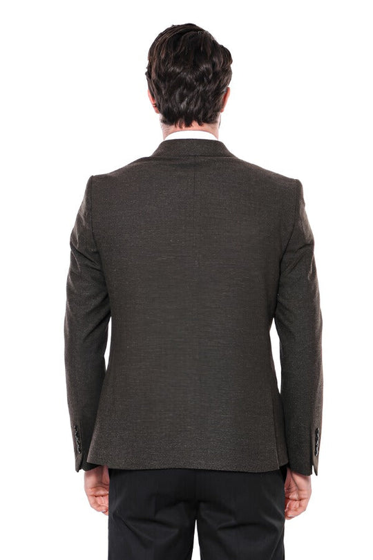 Men’s Khaki Textured Slim Fit Peak Lapel Blazer