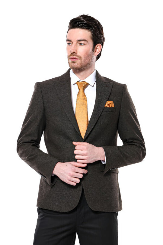 Men’s Khaki Textured Slim Fit Peak Lapel Blazer