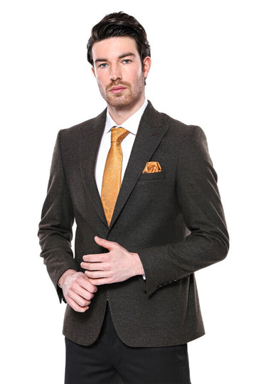 Men’s Khaki Textured Slim Fit Peak Lapel Blazer