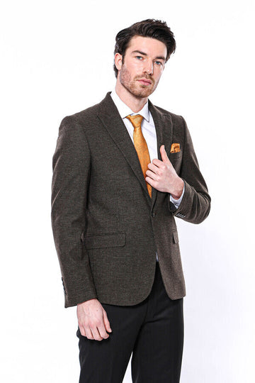 Men’s Khaki Textured Slim Fit Peak Lapel Blazer