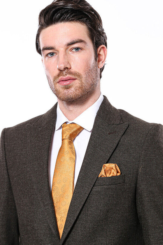 Men’s Khaki Textured Slim Fit Peak Lapel Blazer