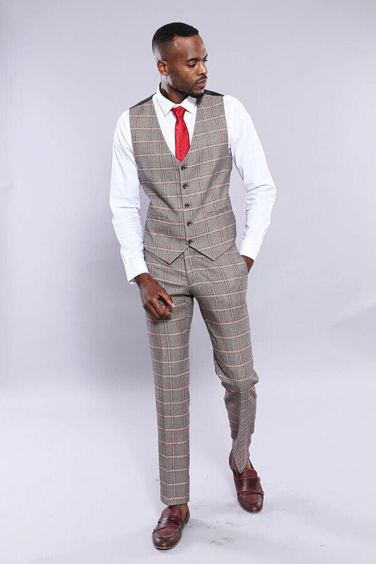 Grey Slim Fit Plaid V-Neck Waistcoat – Wessi