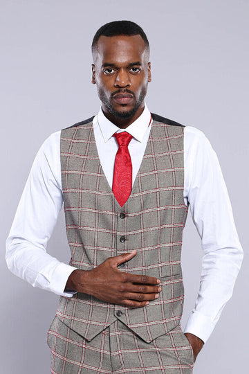 Grey Slim Fit Plaid V-Neck Waistcoat – Wessi