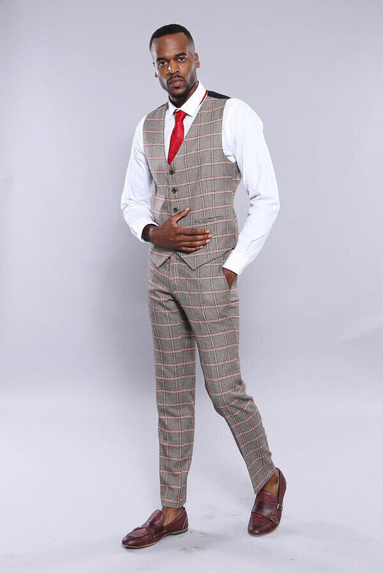 Grey Slim Fit Plaid V-Neck Waistcoat – Wessi