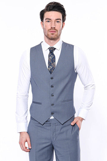 Grey Slim Fit Plain V-Neck Waistcoat – Wessi
