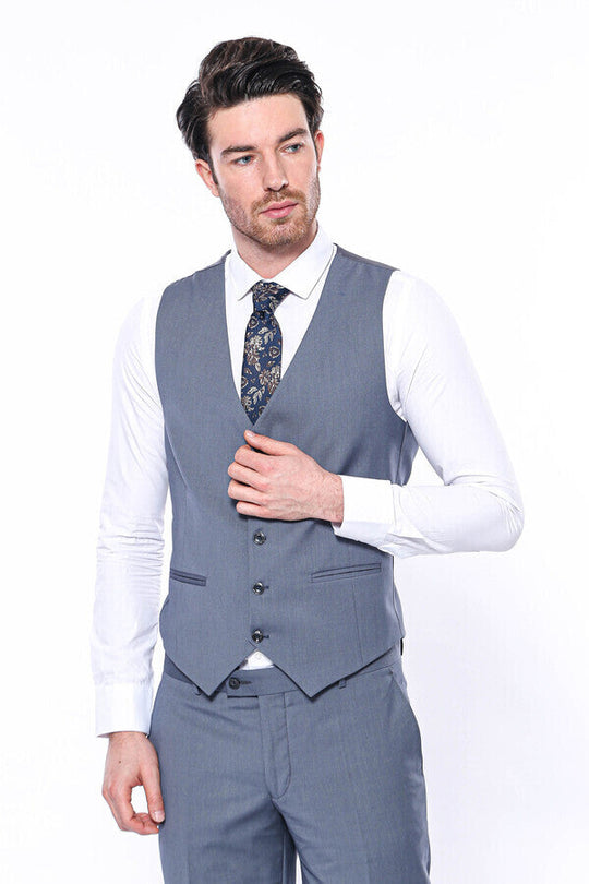 Grey Slim Fit Plain V-Neck Waistcoat – Wessi