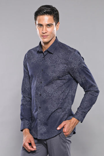 Men's Indigo Blue Slim Fit Self-Patterned Shirt | Wessi