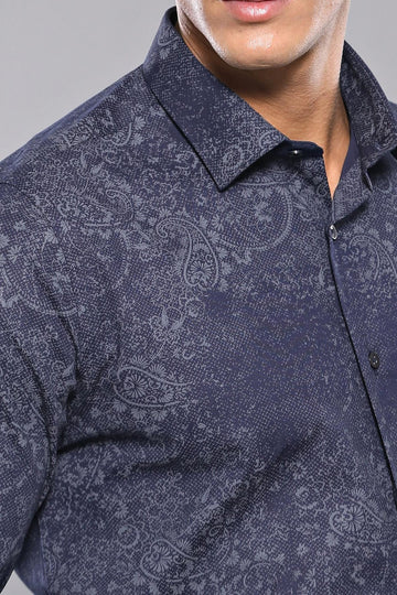 Men's Indigo Blue Slim Fit Self-Patterned Shirt | Wessi