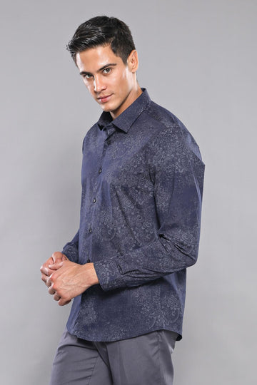 Men's Indigo Blue Slim Fit Self-Patterned Shirt | Wessi