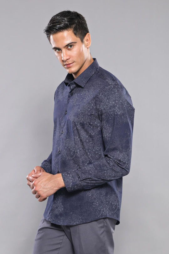 Men's Indigo Blue Slim Fit Self-Patterned Shirt | Wessi