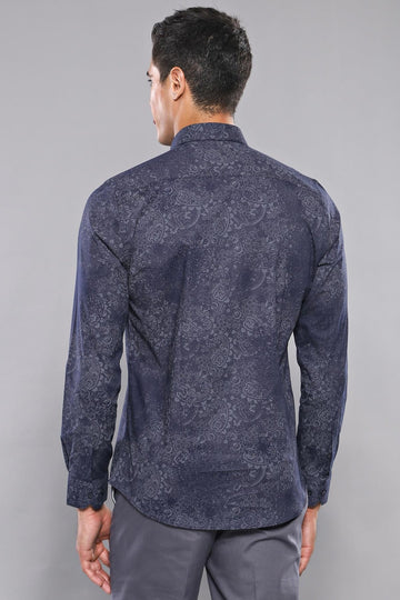 Men's Indigo Blue Slim Fit Self-Patterned Shirt | Wessi