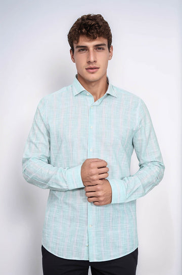 Slim Fit Light Green Checked Cotton Shirt — Wessi