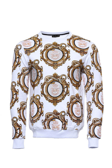 White Slim Fit Crew Neck Gold Patterned Sweatshirt | Wessi
