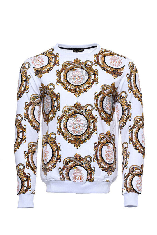White Slim Fit Crew Neck Gold Patterned Sweatshirt | Wessi