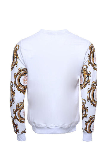 White Slim Fit Crew Neck Gold Patterned Sweatshirt | Wessi