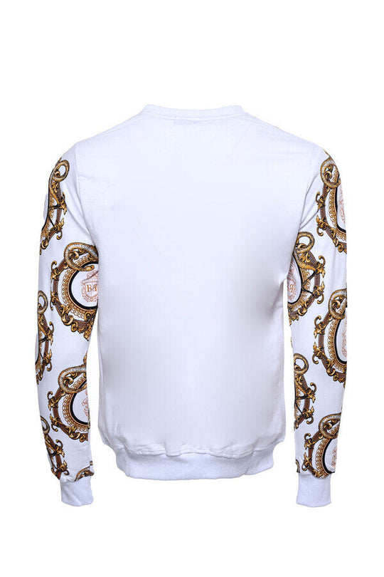 White Slim Fit Crew Neck Gold Patterned Sweatshirt | Wessi