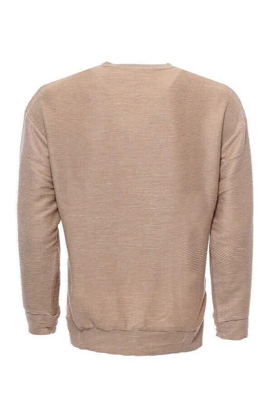 Beige Slim Fit Horizontal Striped Crew Neck Sweatshirt | Wessi