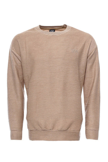 Beige Slim Fit Horizontal Striped Crew Neck Sweatshirt | Wessi