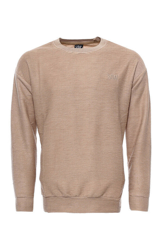 Beige Slim Fit Horizontal Striped Crew Neck Sweatshirt | Wessi