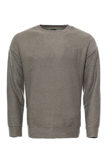 Khaki Slim Fit Horizontal Striped Crew Neck Sweatshirt | Wessi