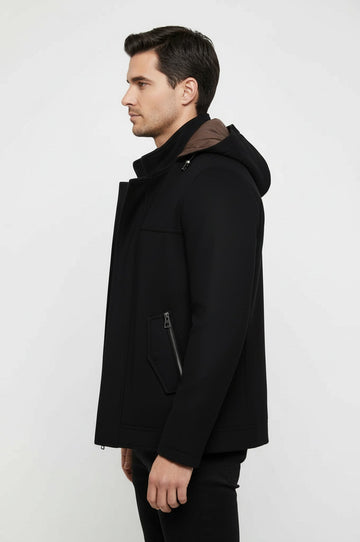 Slim Fit Hooded Black Overcoat with Zip Sleeve Detail — Wessi