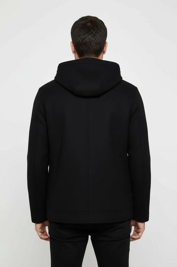Slim Fit Hooded Black Overcoat with Zip Sleeve Detail — Wessi