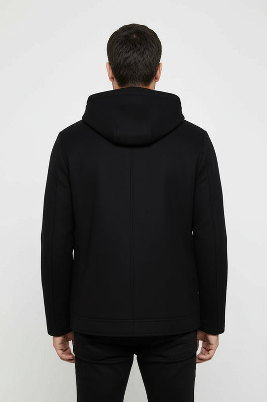 Slim Fit Hooded Black Overcoat with Zip Sleeve Detail — Wessi