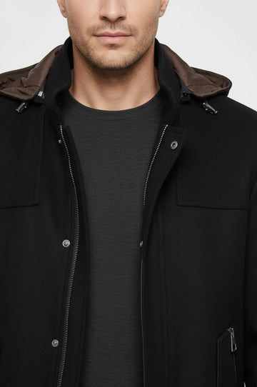 Slim Fit Hooded Black Overcoat with Zip Sleeve Detail — Wessi