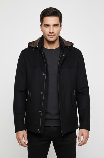 Slim Fit Hooded Black Overcoat with Zip Sleeve Detail — Wessi