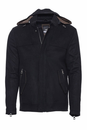 Slim Fit Hooded Black Overcoat with Zip Sleeve Detail — Wessi