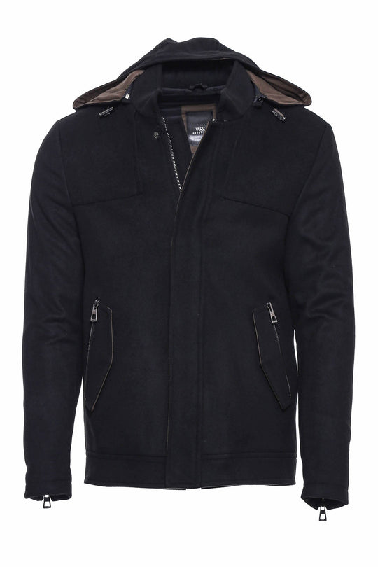 Slim Fit Hooded Black Overcoat with Zip Sleeve Detail — Wessi