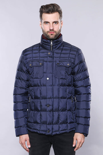 Navy Blue Slim Fit Quilted Winter Coat – Wessi
