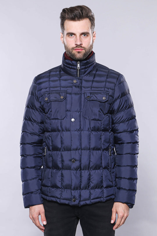 Navy Blue Slim Fit Quilted Winter Coat – Wessi
